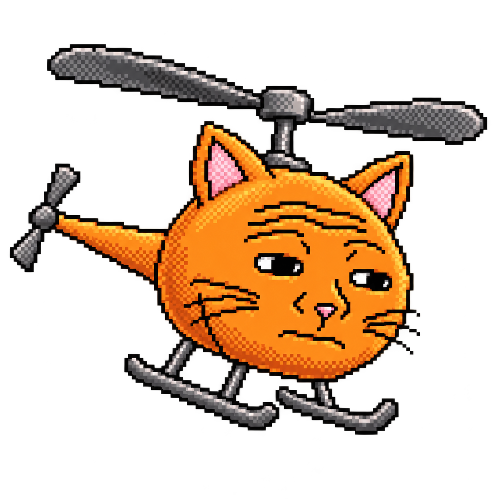 Cutout illustration of Catcopter banking slightly, same unbothered face.