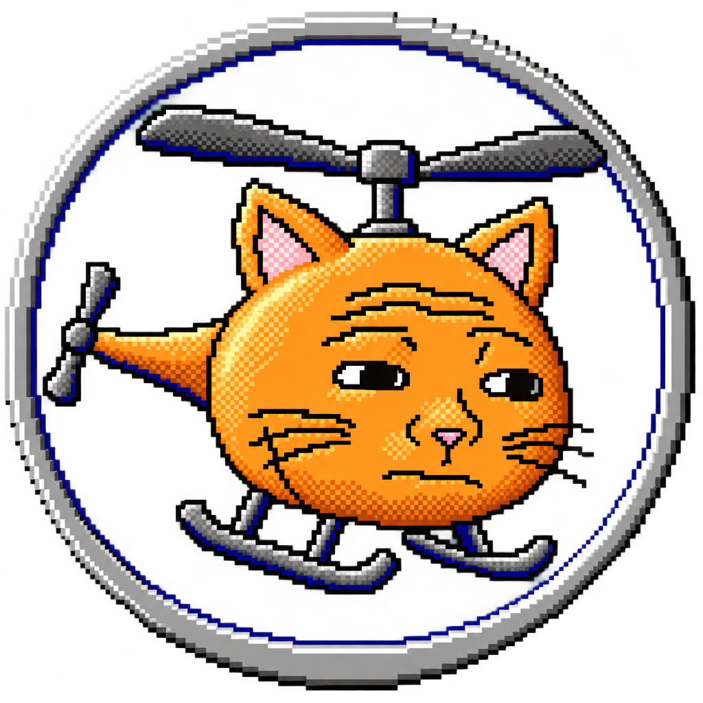 Circular badge portrait of Catcopter framed by a bevelled grey and navy ring.