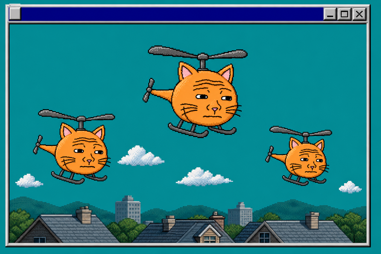 Three identical Catcopter helicopters drifting over a row of rooftops, shown inside a bevelled grey window frame.
