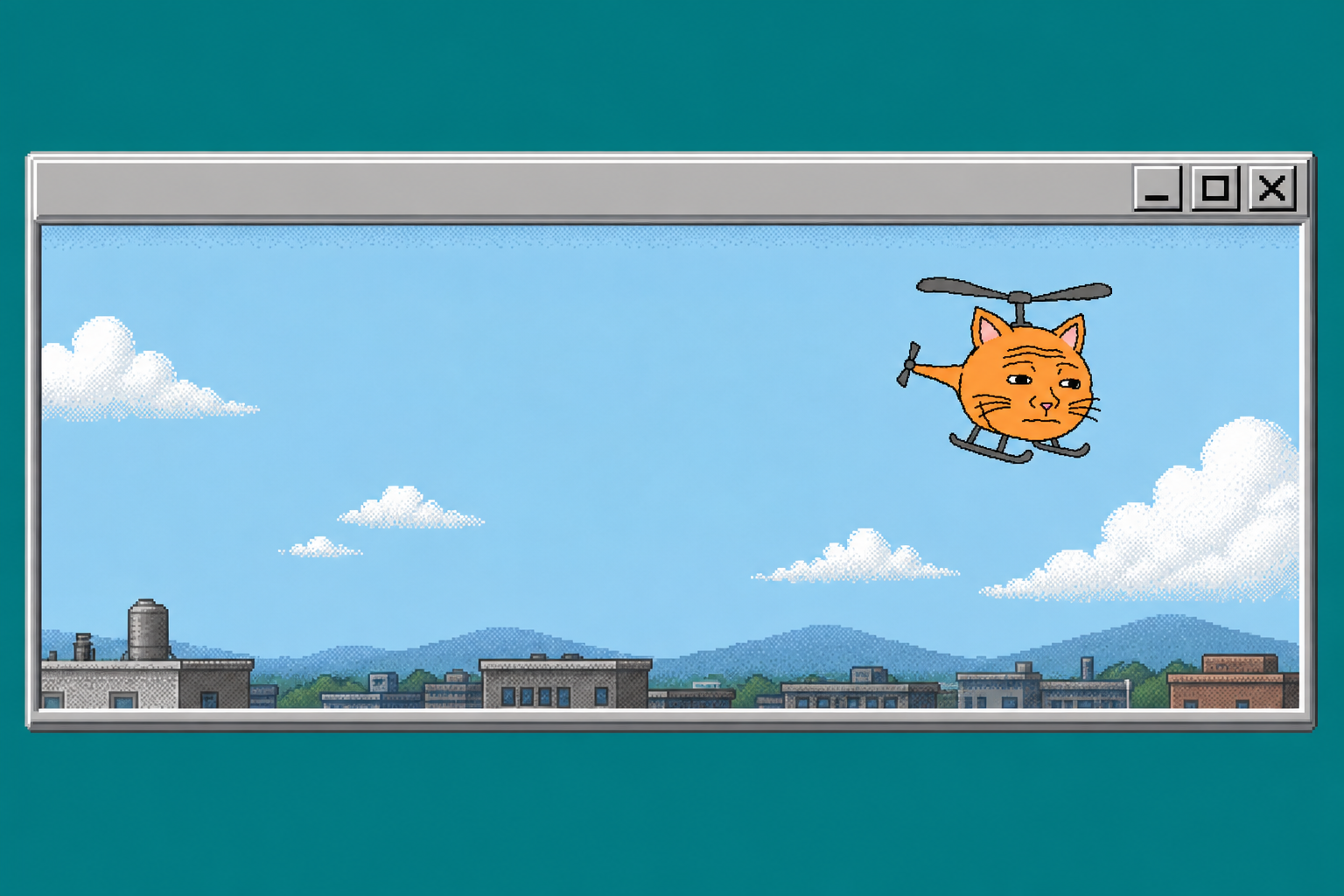 Backdrop scene of a Catcopter helicopter flying over rooftops under a hazy sky, shown inside a bevelled window frame.